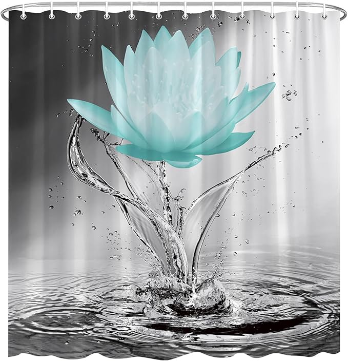 Lotus Shower Curtain Black White Grey Teal Flower Elegant Blooming Floral with Dew Spring Flower Reflection on Water Modern Romantic Polyester Fabric Bathroom Decor 70×96 Inch with Hook