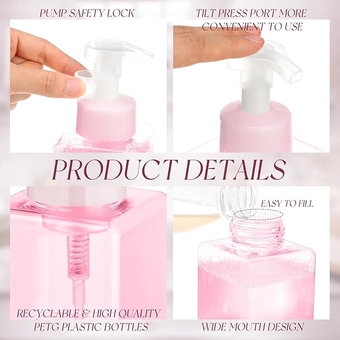 Domensi 12 Pcs Foam Pump Bottle Foaming Soap Dispenser Empty Travel Foaming Dispenser 8.5 oz Refillable Hand Soap Plastic Pump Bottle Travel Clear Container for Bathroom Vanities (Pink)