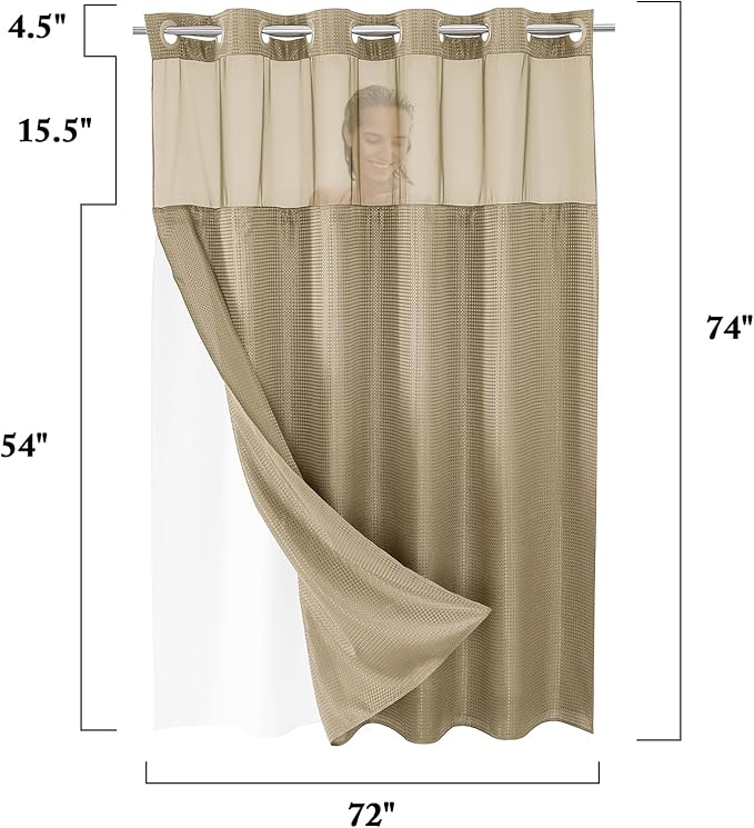 Gibelle No Hook Waffle Weave Shower Curtain with Snap-in Fabric Liner Set for Bathroom, Hotel Style with Mesh Top Window, Waterproof & Washable, Beige, 72x74