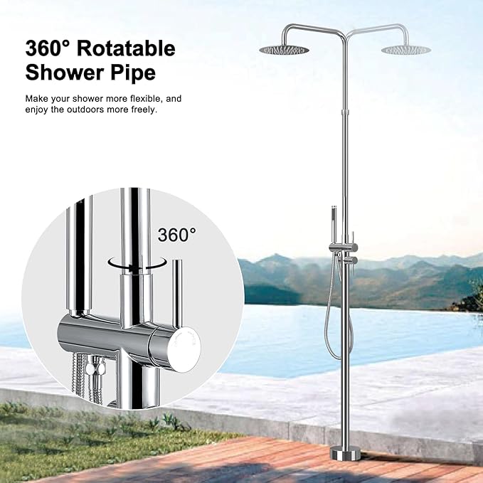 RBROHANT Freestanding Outdoor Shower Chrome, Height Adjustable Outside Showers for Backyard Garden Pool Beach, Outdoor Shower Fixtures with 10” Rain Shower Head and Handheld, Polished Chrome, JK0451