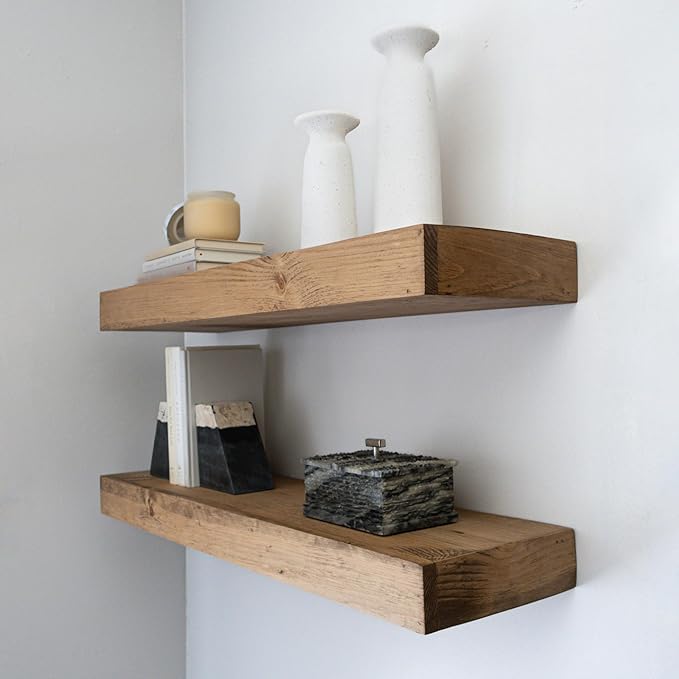 Urbandi Modern Floating Shelves 3 Inches Thick for Wall, Wide Shelves for Kitchen, Living Room, Bedroom, and Bathroom, Natural Pine Wood, Rustic Wooden Shelf, (Set of 2) (Aged Oak, 24Lx3Hx8D)