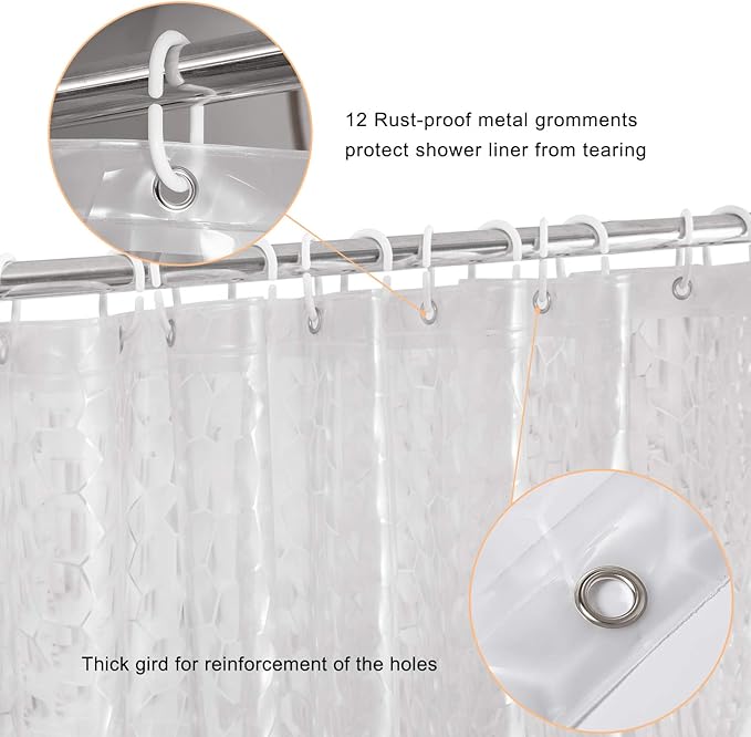 WELTRXE Shower Curtain Liner 8G EVA with 3 Magnets, Waterproof Clear Shower Curtains with 3D Water Cube Design, Heavy Duty Plastic Bathroom Shower Liner for Shower Stall, Bathtubs, 72 x 72,12 Hooks