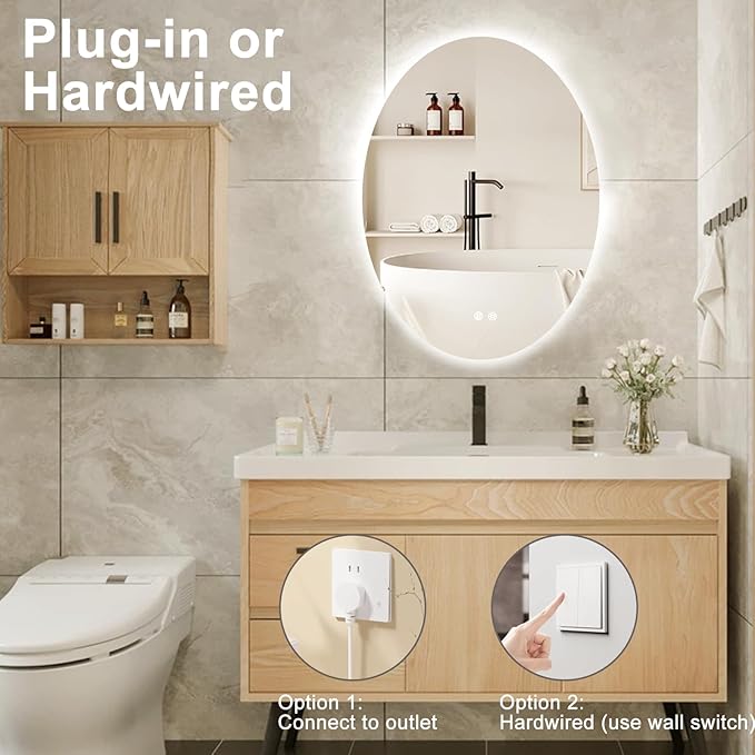 28 X 20 Inch Oval Backlit LED Bathroom Mirror Anti-Fog 3 Colors Light Dimmable Wall Mounted Lighted Bathroom Vanity Mirror Smart Makeup Mirror with Touch Switch