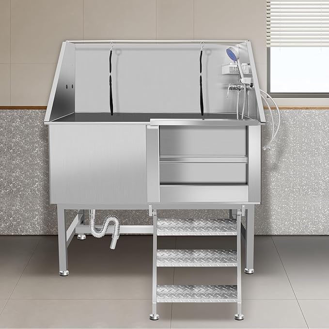 50 Inch Professional Dog Wash Station, Stainless Steel Dog Grooming Tub for Large, Medium & Small Pets - with Anti-Slip Stairs, Drain & Door, Silver