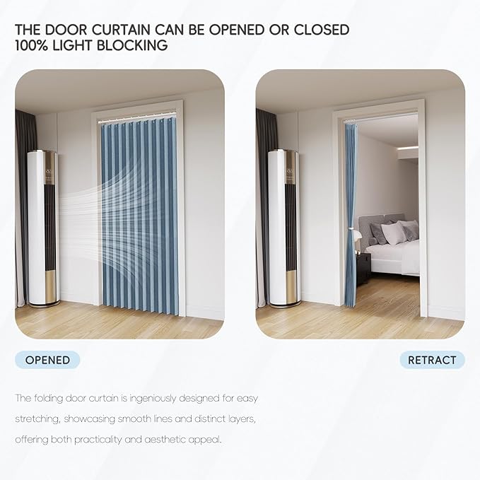 Accordian Door Curtain, 100% Blackout Folding Magnetic Doorway Curtains,Linen Style Closet Doors,for Room Divider,Privacy Protection（W72 x L78,Blue,1 Panel）