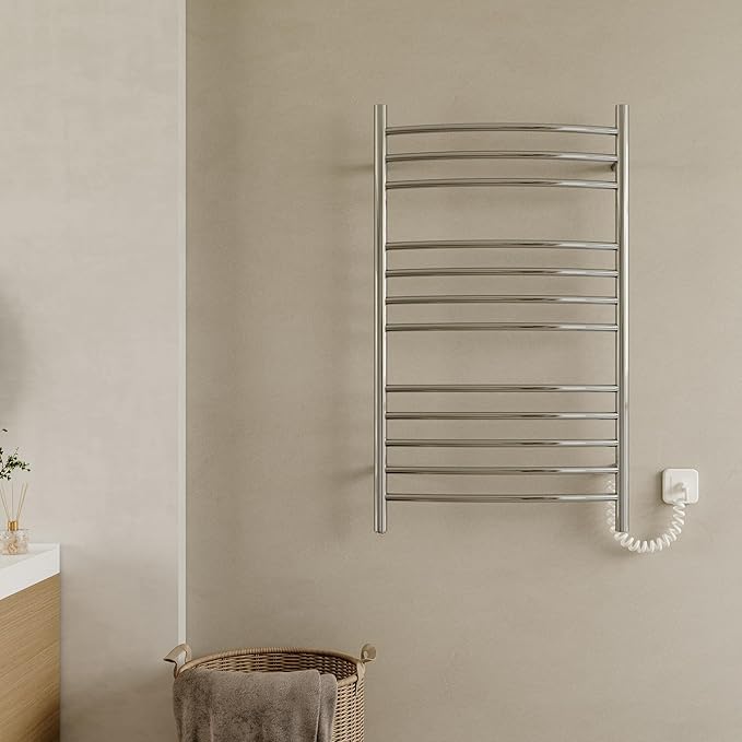 HEATGENE Electric Towel Warmer with Built-in Timer & Temperature Control, Wall-Mounted 12-Bar Large Towel Rack, Plug-in/Hardwired Heated Towel Rail for Bathroom - Mirror Polish