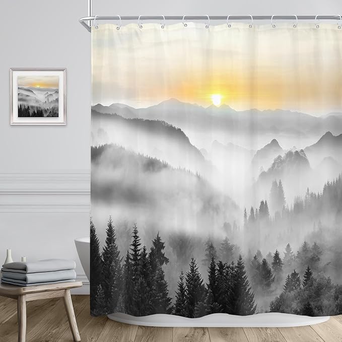 Riyidecor Misty Mountain Shower Curtain 60Wx72H Inch Sunrise Foggy Woodland Greenery Smokey Black Spring Scenery Tree Nature Pine Scenic Bathroom Decor Fabric Polyester Waterproof 12 Pack Hooks