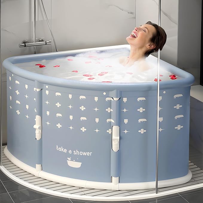 Foldable Bathtub for Adults, Portable Large PVC Collapsible Soaking Tub with Insulated Design, 29 Inch Fan-Shaped Shower Tub for Hot Baths and Cold Dips Recovery Therapy (Grey)
