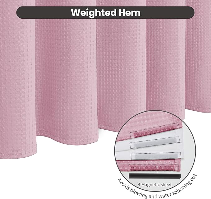 Inhousolu No Hook Waffle Weave Shower Curtain with Removable Snap in Fabric Liner Set for Bathroom, 230 GSM Heavy Duty Weighted Hem, Water Repellent Washable Bath Curtains, 72 x 72 Inch, Pink