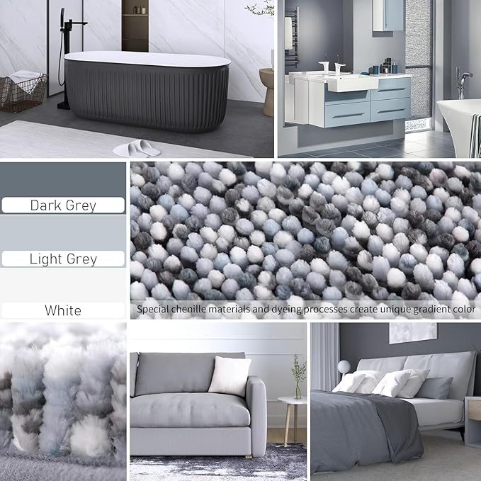 Yimobra Bath Mats for Bathroom Non Slip, 36x24, Extra Soft Chenille Bathroom Rugs, Luxury Fluffy Long Matts for Tub, Plush Shaggy Carpet, Water Absorb, Machine Washable, Light Grey & Dark Grey