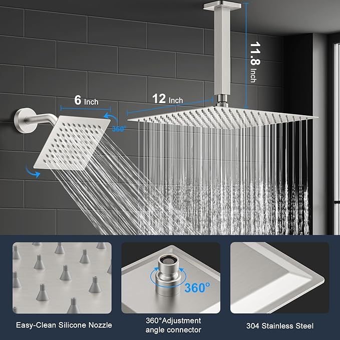 Shower Faucet Set,3-Setting Push Button Brushed Nickel Shower System, 12 Inch Ceiling Mounted Shower Head, 6 Inch Wall Mounted Rain Shower Head with 2 in 1 Handheld Spray, Shower Valve Trim Kit