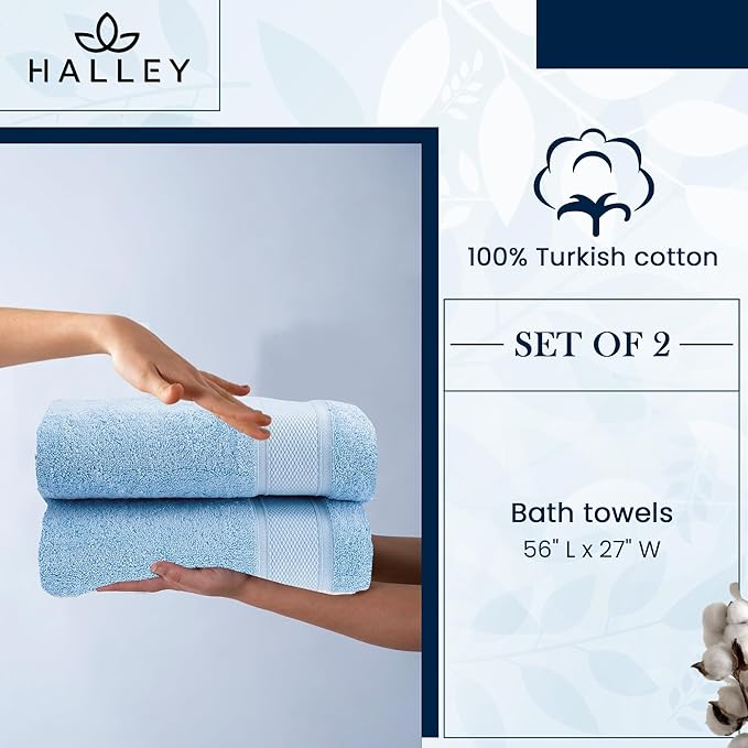 HALLEY Turkish Cotton Towels (Pack of 2) Bath Towels Super Soft Highly Absorbent 100% Cotton Towels for Bathroom and Kitchen for Mother’s Day (Powder Blue)