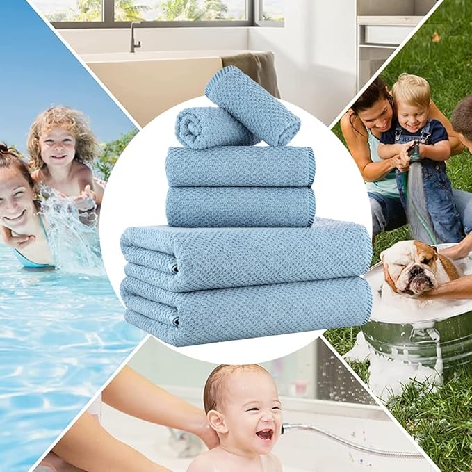 CASA COPENHAGEN Popcorn 6 Pieces Towel Set- Dusty Blue, 600 GSM 2 Bath Towel 2 Hand Towel 2 Washcloth, Designed in Denmark Made of Soft Egyptian Cotton for Bathroom, Kitchen & Shower