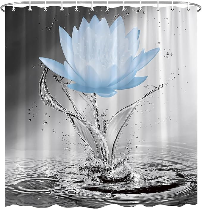 Lotus Shower Curtain Black White Grey Blue Flower Elegant Blooming Floral with Dew Spring Flower Reflection on Water Modern Romantic Polyester Fabric Bathroom Decor 70×70 Inch with Hook