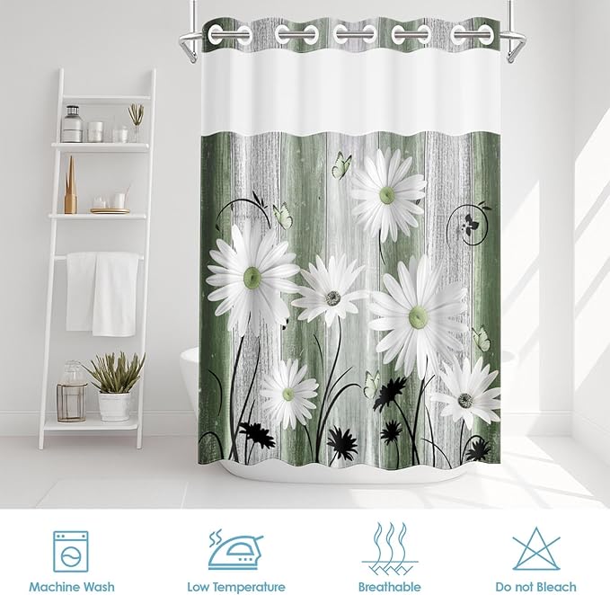 No Hook Green Daisy and Butterfly Shower Curtain with Snap in Fabric Liner Set, Rustic Farmhouse Double Layers Waterproof Fabric with See Through Top Window Open Grommet Bath Curtain 71x86 Inch