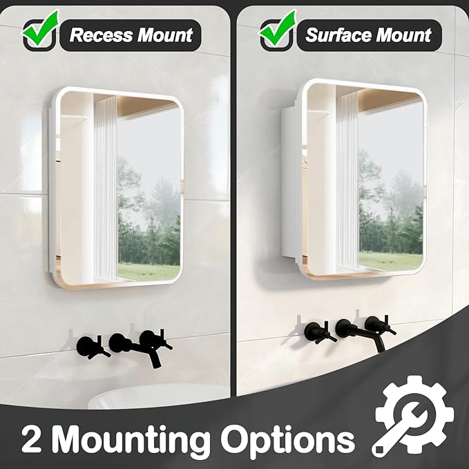Rectangle Medicine Cabinet with Beveled Edge Mirror, No-Assembly Bathroom Wall Cabinet with Mirror, Adjustable Shelves, Tissue Slot, Recessed or Surface Mount (20" H x 16" W)
