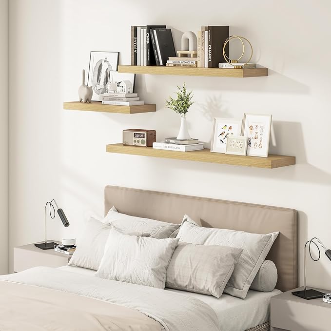 Vivelove 12 Inch Deep Floating Shelves 24 inch Long, 24 x 12 Wide Wall Shelves with Invisible Brackets, Shelf for Bedroom Bathroom Living Room Kitchen Office Home Decor, Modern Shelf Set of 2, Oak