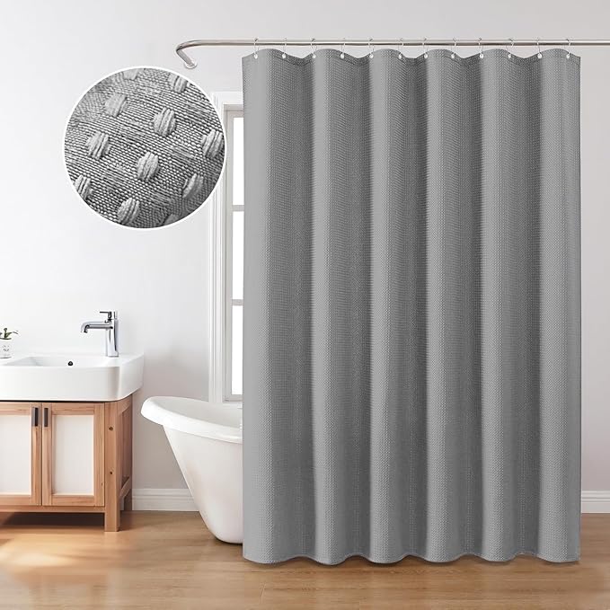 Inhousolu Fabric Shower Curtain Waffle Weave, 230 GSM Heavy Duty, Weighted Hem, 14 Metal Hooks, Water Repellent, Machine Washable, Hotel Spa Luxury Bath Curtain Set, 72 x 96 Inch, Grey