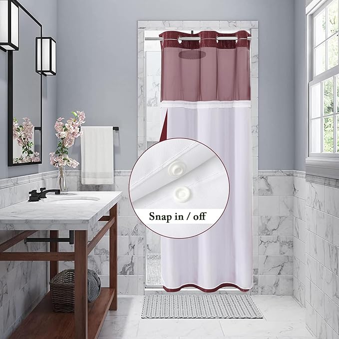 Gibelle Stall Small Shower Curtain 36x74, Waffle Weave Shower Curtain with Snap-in Fabric Liner Set, No Hooks Needed, Hotel Style with Mesh Top Window, Burgundy