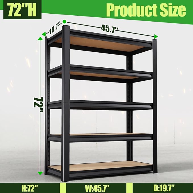 72" H*46" W Garage Shelving,Heavy Duty Garage Storage Shelves,Metal Shelving Unit,5 Tier Adjustable Steel Utility Shelf,Use for Basement,Warehouse, Pantry Closet,Black (72" H*46" W*19.7" D)