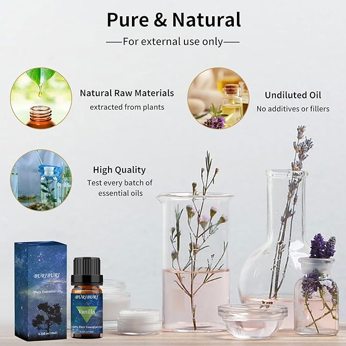 BURIBURI Vanilla Oil and Jasmine Essential Oil, 100% Pure, Undiluted, Natural, Organic Aromatherapy Vanilla Essential Oils Gift Set, 10MLx2