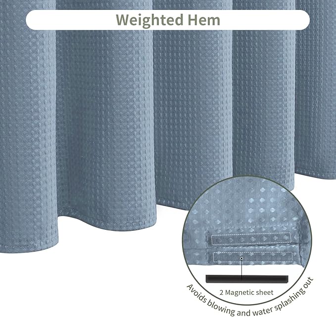 Inhousolu Fabric Shower Curtain Waffle Weave, Fog Blue 230 GSM Heavy Duty, Weighted Hem, 14 Metal Hooks, Water Repellent, Machine Washable, Hotel Spa Luxury Bath Curtain Set, 72 x 96 Inch