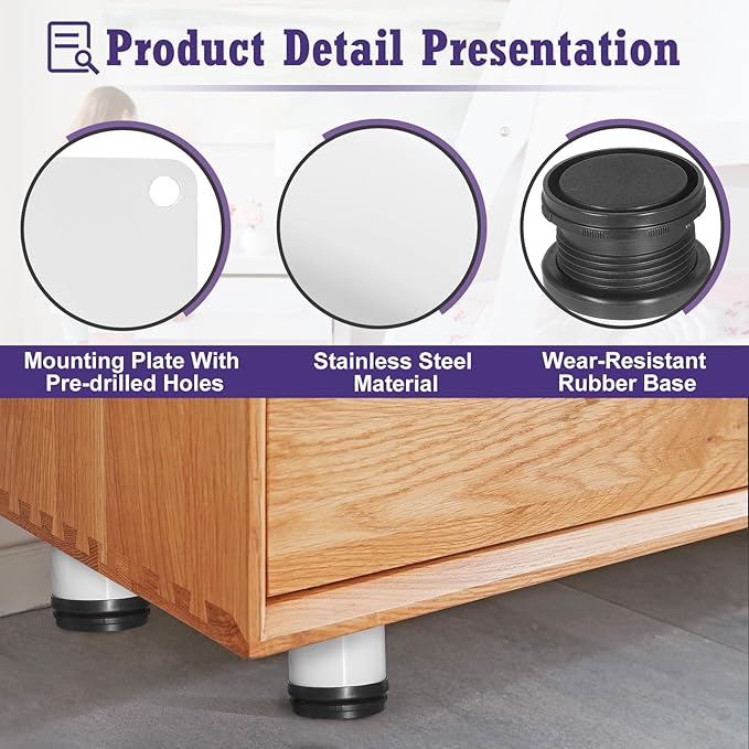 2 Inch Metal Furniture Legs Stainless Steel Adjustable Legs White Metal Legs Round Cabinet Legs for Coffee Table Cabinet Desk Sofa Shelves, Pack of 4