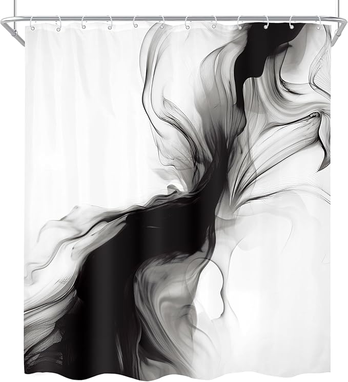 Cinbloo 4Pcs Black White Shower Curtain Set, Abstract Modern Ombre Grey Bathroom Curtain with Rug, Toilet Lid Cover, Bath Mat, Minimalist Marble Women Girls Ink Texture Shower Curtain with 12 Hooks