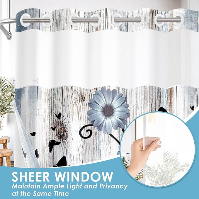 No Hook Blue Flower Shower Curtain with Snap in Fabric Liner Set, Daisy Rustic Farmhouse Double Layers Waterproof Fabric with See Through Top Window Open Grommet Bath Curtain 71x74 Inch