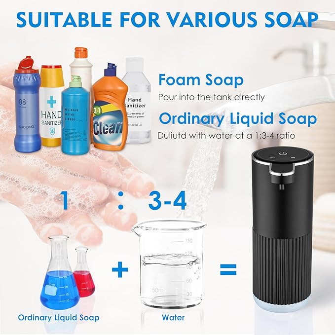 Automatic Foaming Soap Dispenser, 4-Level Adjustable Electric Foam Hand Soap Dispenser, USB Rechargeable Touchless for Bathroom Countertop, Kitchen, 13.5oz, Wall Mounted(Black)