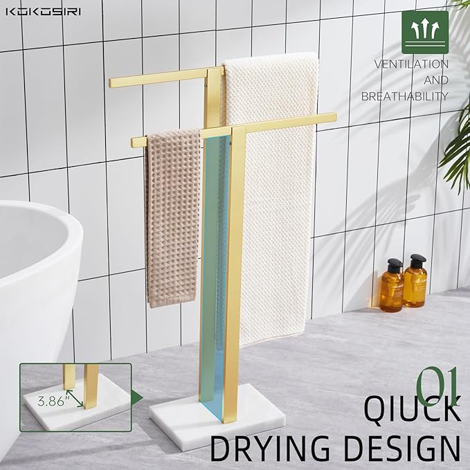 KOKOSIRI Bathroom Towel Rack 2-Tier Standing Towel Bars with Marble Base, Stainless Steel Freestanding Towels Holder, Thicken Steady Design, Brushed Gold THS0003-BG