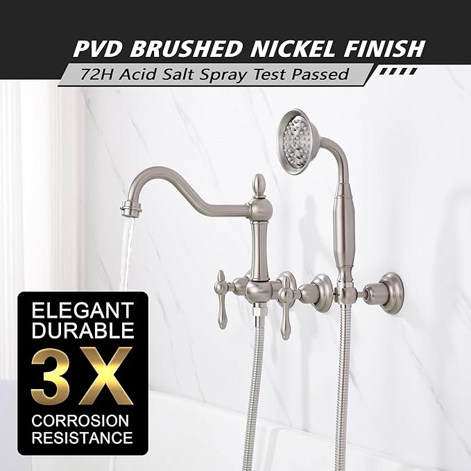 SUMERAIN Brushed Nickel Wall Mount Bathtub Faucet with Handheld Sprayer Traditional Tub Filler with Rough-in Valve