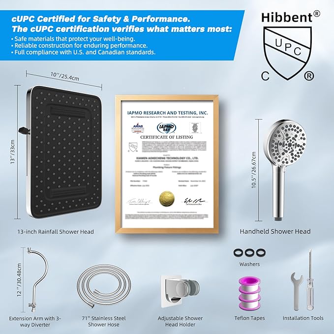 Hibbent cUPC Certified High Pressure 13'' Dual Shower Head Combo with 10-mode Handheld Spray, Upgraded Rainfall 5-spray Shower Head, 12'' Adjustable Extension Arm, 71'' Hose, Showerhead Holder, Chrome