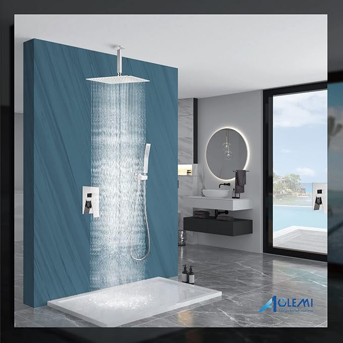 Aolemi Ceiling Mount Shower System Rain Shower Head with Handheld Spray High Pressure Shower Faucet Set Rough-in Valve Shower Trim Kit Included Bathroom Polish Chrome 16 Inch Ceiling Shower Head
