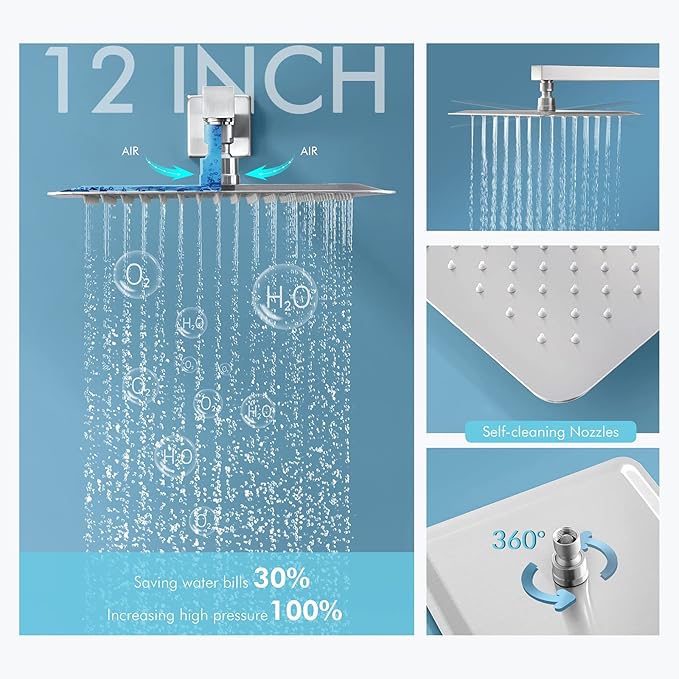 Shower System with Body Jets, Bostingner Shower Faucet Set 12" Rain Shower Head with Handheld Spray, Can Use at Same Time, 3 Way Push Button Diverter Shower Set Complete, Brushed Nickel
