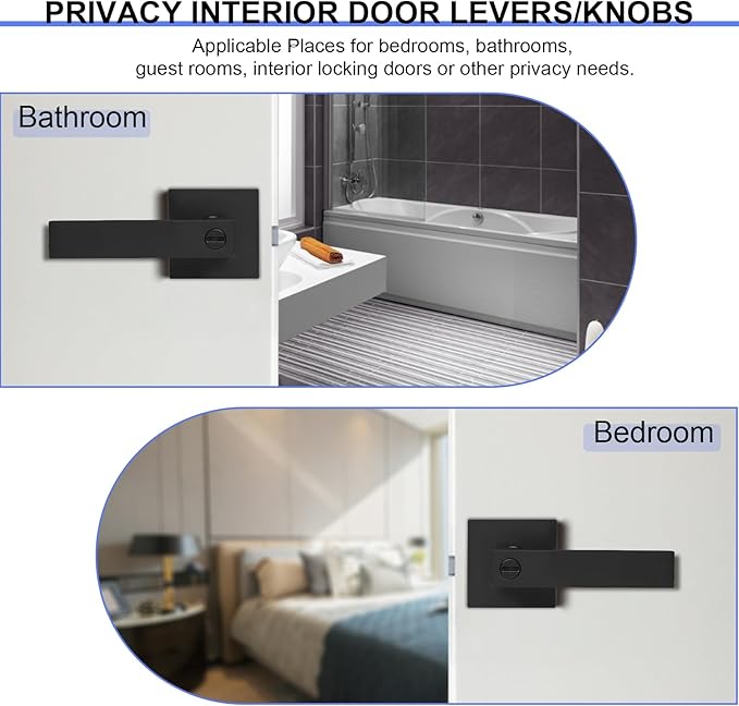 Privacy Door Levers, 4 Pack Matte Black Door Handles Heavy Duty Bed and Bath Door Locks Interior Keyless Locksets, Reversible for Left Right Handed Doors