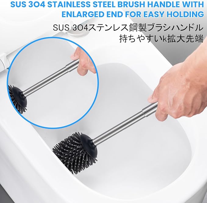 Stainless Steel Toilet Brush and Holder Toilet Brush Bowl Cleaning Brush Double Layer Holder Long Brush Handle High Density Silicone Head