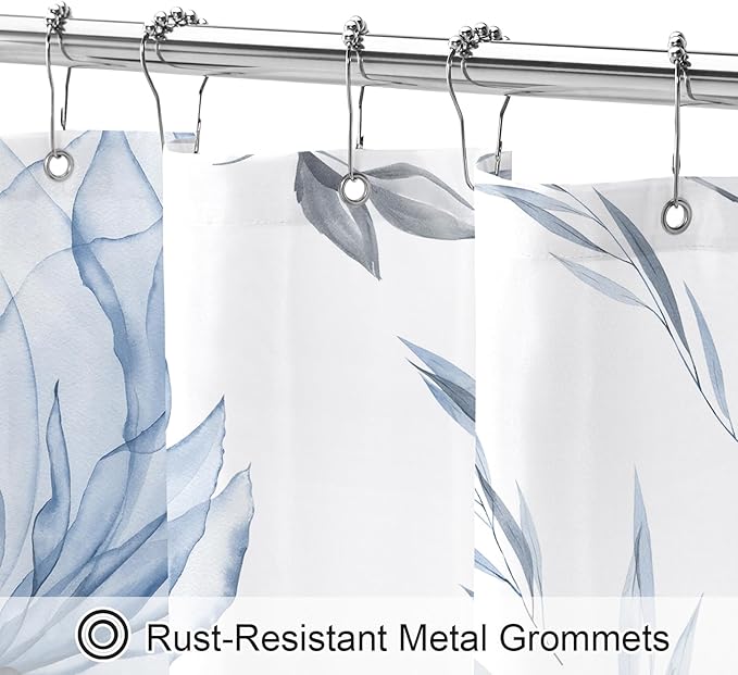 Extra Long Boho Watercolor Floral Shower Curtain 72 x 84, Blue and Grey Ink Painting Style Flower Shower Curtains for Chic Elegant Bathroom, Artistic XL Fabric Cloth Shower Curtain