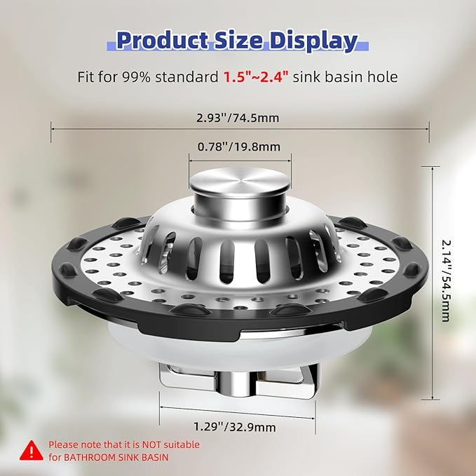 Metal 2 Pack Bathtub Drain Stopper with Top Hair Catcher, Innovative 3 in 1 Pop-up Bathtub Strainer, Tub Stopper with Detachable Stainless Steel Filter Basket for Standard 1.5 to 2.4'' Drain, Chrome