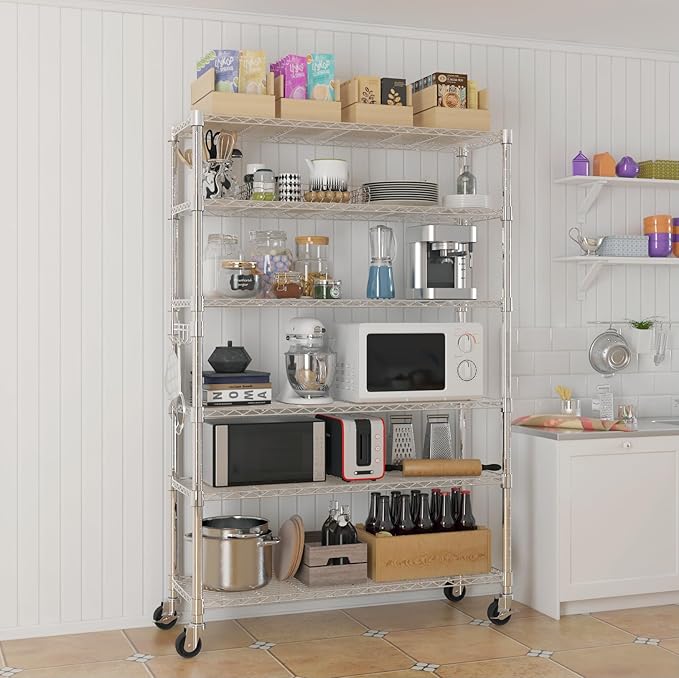 6 Tier Storage Racks Shelving, Heavy Steel Pantry Shelves, Adjustable Wire Shelving Rack with Wheels, Suitable for Garage, Kitchen, Bathroom, Office, 46" W x 18" D x 82" H, Chrome