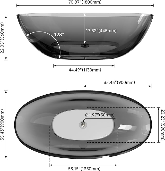 71" Premium Solid Surface Freestanding Bathtubs, Upgraded Transparent Dark Grey Oval Resin Soaking Tub with Pop-up Drain