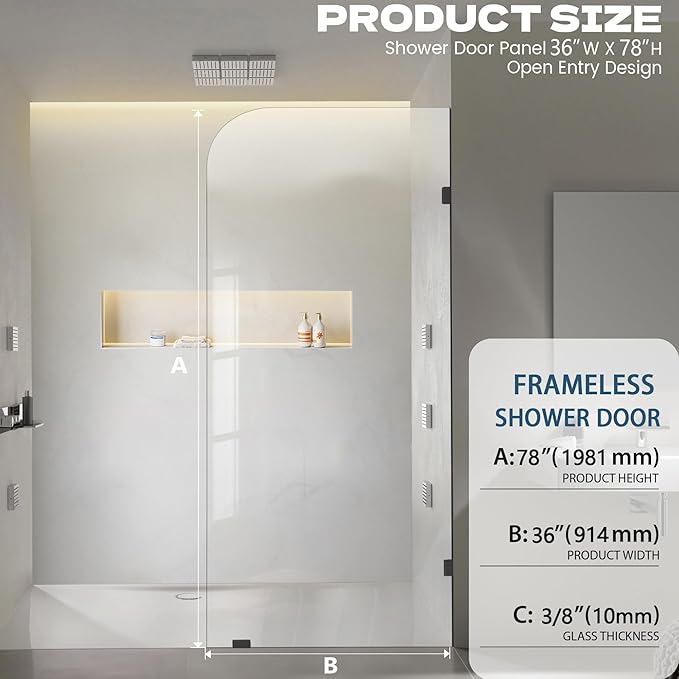 Frameless Shower Door, 36" W ×78" H Fixed Shower Glass Panel with Clamps, 3/8" (10mm) Glass Shower Doors, Clear Tempered Bathroom Shower Screen in Matte Black