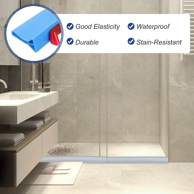 PATIKIL 2" Collapsible Shower Threshold Water Barrier, 78 Inch Self Adhesive Shower Door Bottom Seal Silicone Water Splash Guard for Bathroom Kitchen, Blue (6.5 Feet)