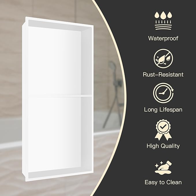 24" X 12" Stainless Steel Shower Niche Insert Tile Ready, Niche for Shower Wall, 2-Tier Recessed Shelves No Tile Needed for Bathroom Storage, White