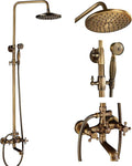 NeierThodore Antique Brass 8-Inch Bathroom Shower Faucet System Rainfall Shower Head Wall-Mounted Dual Cross Handle Bathtub Shower Mixer Tap with Hand Sprayer