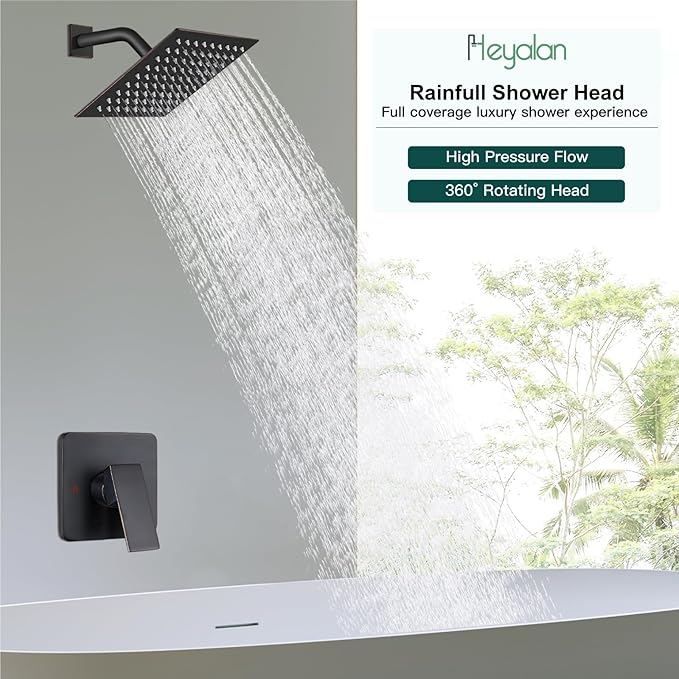 Heyalan 8 Inch Shower Head and Handle Set Square Shower Faucet Set Bathroom Rainfall Shower System Stainless Steel Showerhead Single Function Shower Trim Kit,Female Thread Valve,Oil Rubbed Bronze