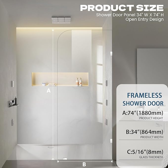 34" W ×74" H Shower Glass Panel, Frameless Fixed Glass Shower Panel with Clamps, 5/16"(8mm) Thick Clear Tempered Glass Shower Door, Bathroom Shower Screen in Polished Chrome Finish