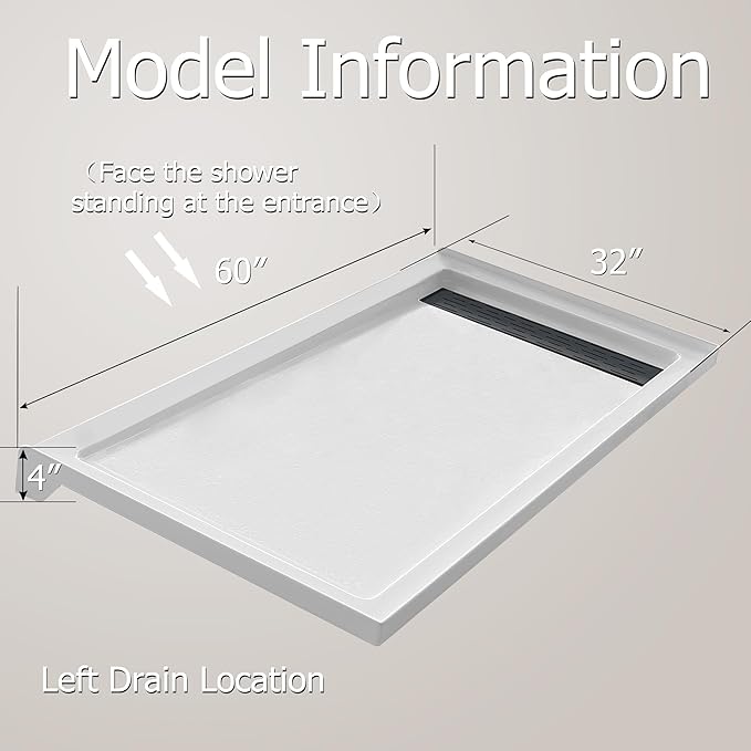 MORVANO 32 x 60 x 4 Shower Base with Single Threshold Rectangular Left Drain Location Shower Base in Glossy White, Acrylic Shower Pan with Black Stainess Steel Cover, Left Drain