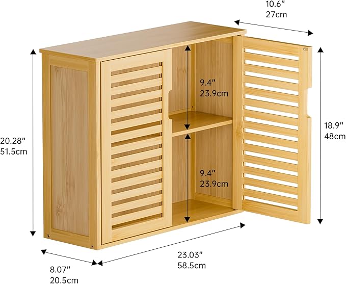 HITNET Bathroom Wall Cabinet, Medicine Cabinet Over The Toilet, Bamboo Hanging Storage Organizer with 2 Doors and Adjustable Shelf for Kitchen, Living Room, Natural
