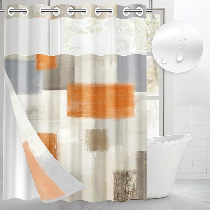 No Hook Grey Beige Orange Painting Shower Curtain with Snap in Fabric Liner Set, Abstract Double Layers Waterproof Fabric with See Through Top Window Open Grommet Bath Curtain 71x74 Inch